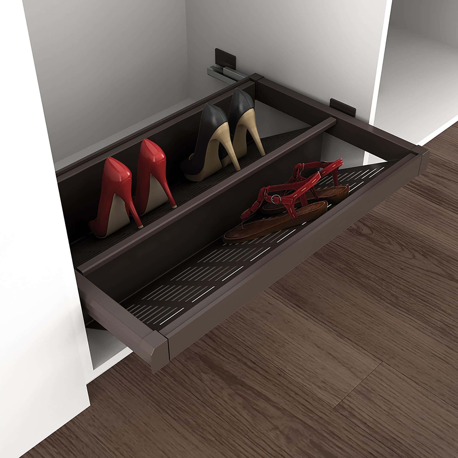 Shoe drawer in frame with runners